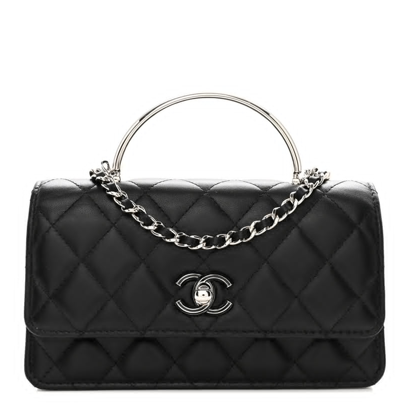 Bolso bandolera con solapa y asa superior de metal acolchado de piel de cordero, color negro